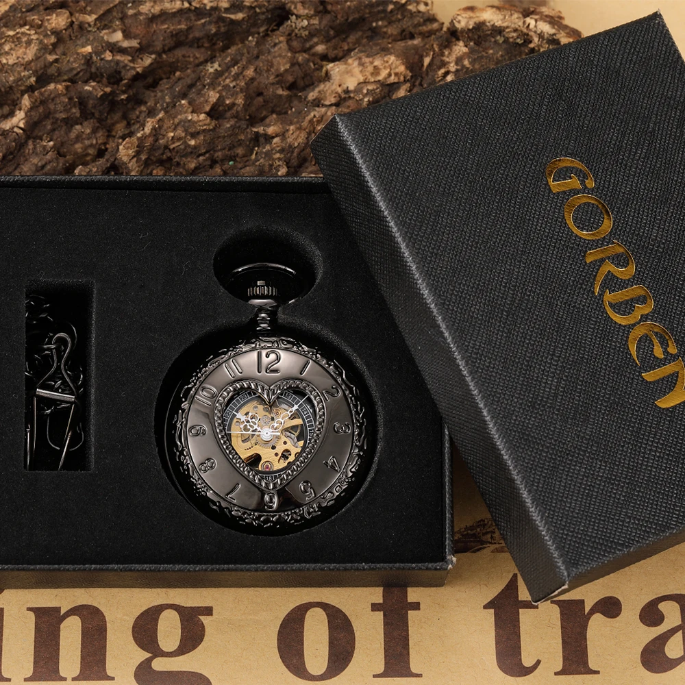 High Quality Fashion Mechanical Pocket Watch Men Hollow Steampunk Heart Love Clock Roman Dial Women Pendant Black reloj Fob Gift