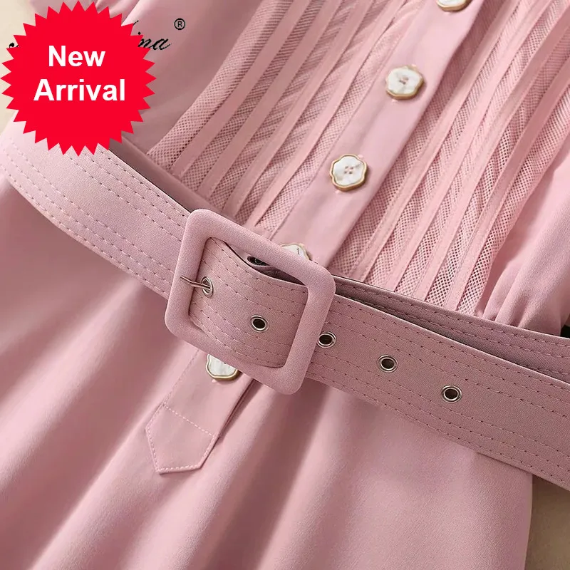 

Fashion Designer Dress Summer Women's dress turn-down collar Ruffles Short sleeve Belt Pink Elegant Dresses