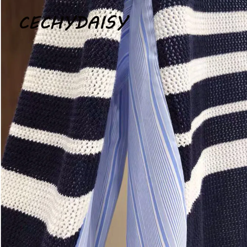 

blouse shirts women Oversize knitted spliced striped blue harajuku sexy v neck loose casual plus size blusas tops Korean clothes