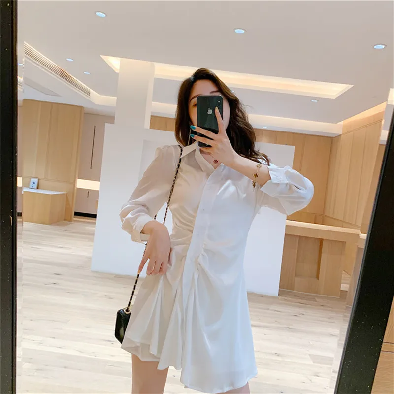 Женское платье на пуговицах повседневное однотонное мини с отложным воротником