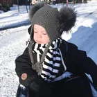 Зимняя теплая детская шапка YOLOAgain с помпоном из натурального меха для девочек и мальчиков, милая детская шапка с двумя меховыми помпонами