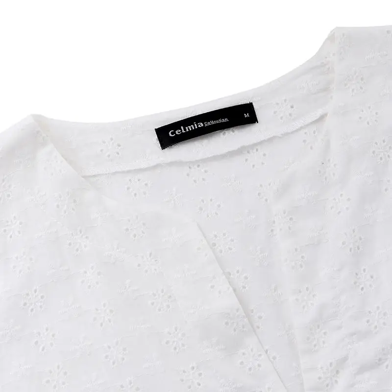 Celmia Elegant Cotton Embroidery Women's Dress Ruffled Korean White Dress New Sexy V-neck Hollow Party Vesridos Plus Size