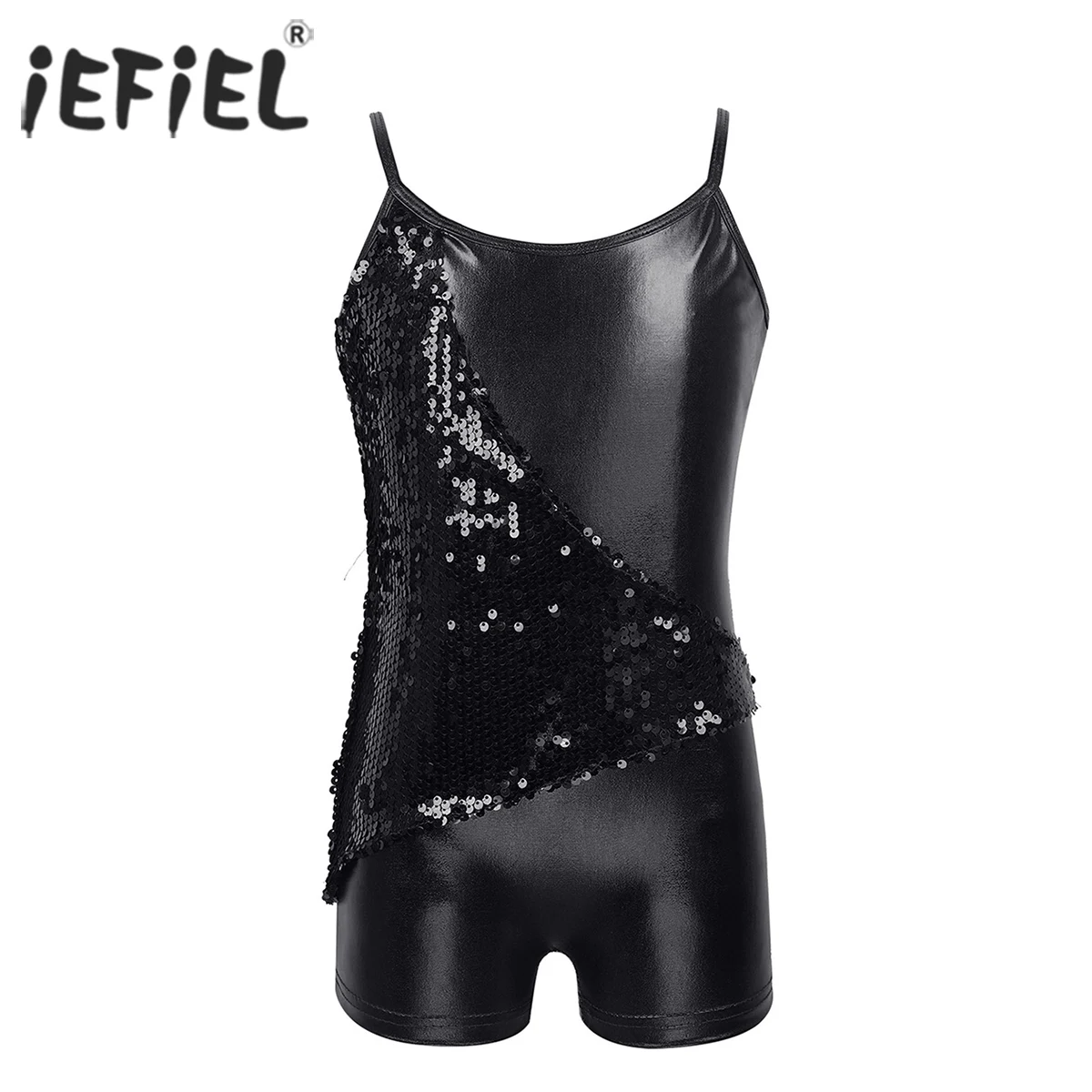 

Kids Girls Ballroom Dance Competition Costumes Spaghetti Straps Sequins V-shaped Back Ballet Dance Gymnastics Shorty Unitard