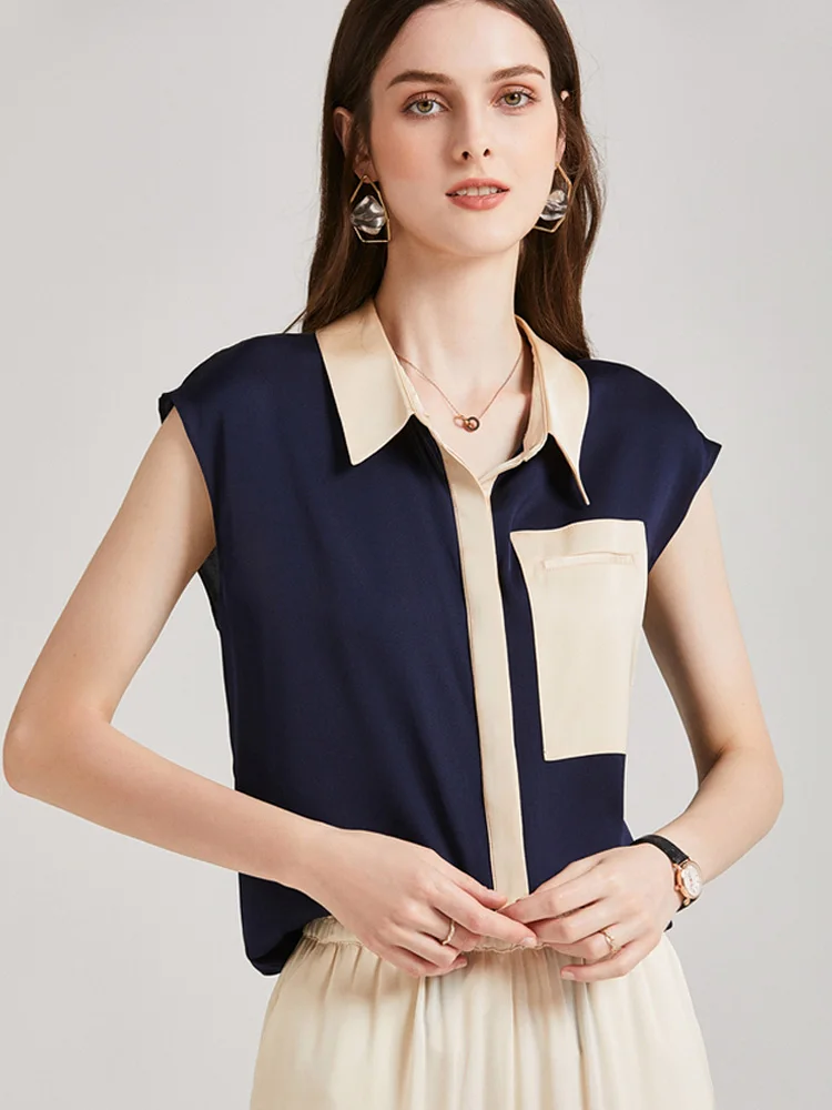 

SuyaDream Woman Summer Shirt Silk Double Joe Turn Down Collar Chest Pocket Contrast Shirts 2021 Navy Blouse Shirt