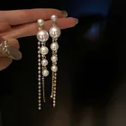 Длинные висячие серьги для женщин 2021, модные висячие серьги с кристаллами и искусственным жемчугом и кисточками, винтажные золотые серьги, ювелирные изделия