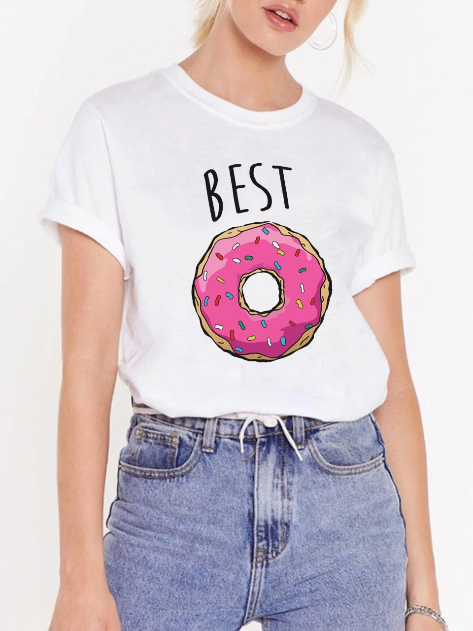 

Women T Shirts Casual Tees 90s Ulzzang Tops Summer Best Friend Donut Print Female Tshirt Harajuku T Shirt Lady Woman Clothing