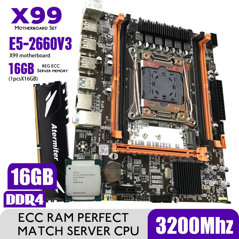 Комплект материнской платы Atermiter X99 D4 DDR4 с процессором Xeon E5 2660 V3 LGA2011-3 1 шт. X 16 ГБ = Гб