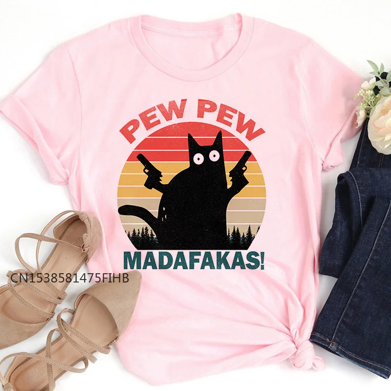 

Pew Pew Madafakas Print T-Shirt Women Black Cat Gangster With Gun Meme Retro Funny T Shirts Humor Gift Premium Tops Basic Tshirt