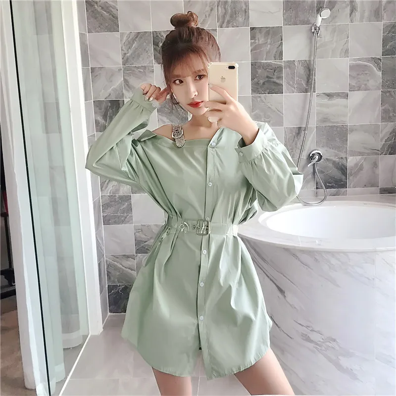 [EWQ] милое зеленое женское платье с длинным рукавом стразы на бретельках осень 2019