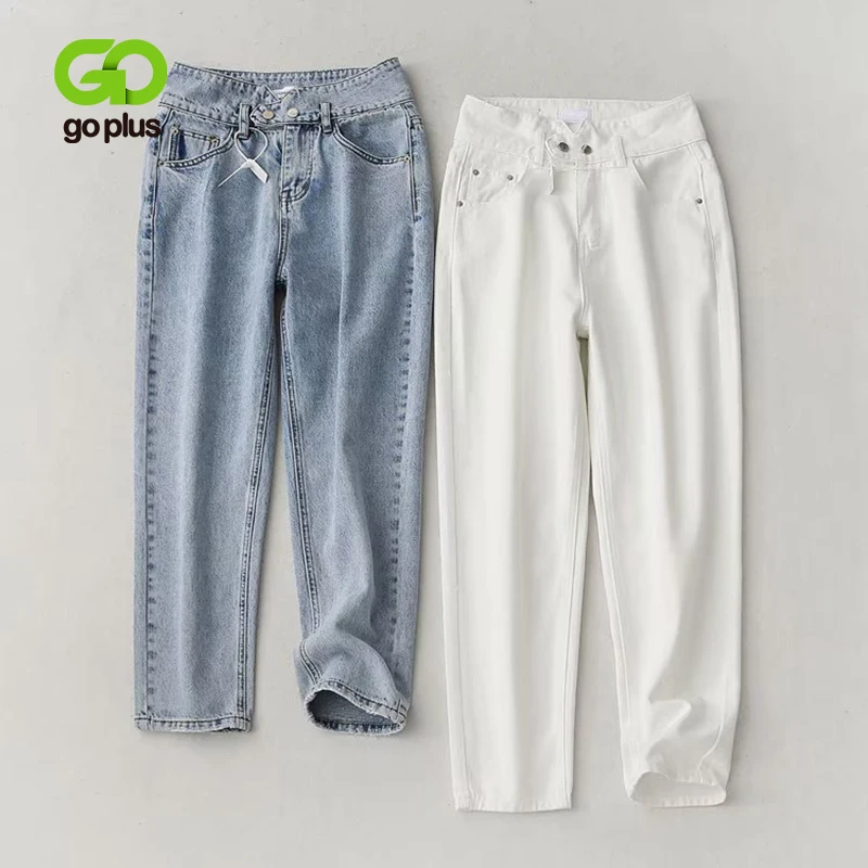 Женские джинсы с высокой талией GOPLUS синие и белые прямые для мам уличная одежда