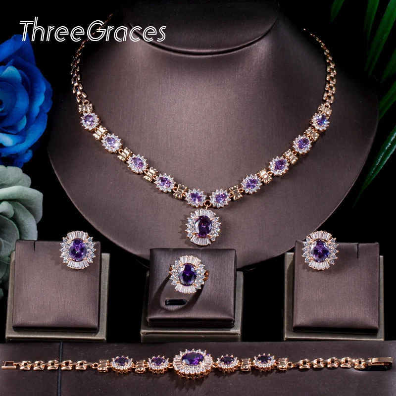 ThreeGraces Dubai Gold Color Purple Oval Austrian Crystal 4 Piece Luxury Wedding Engagement Jewelry Set For Women JS168 | Украшения и