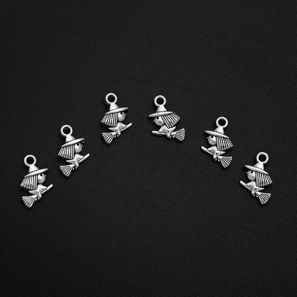 40 шт./лот 11x16 мм Античная Посеребренная ведьма подвески с метлой Хэллоуин милые
