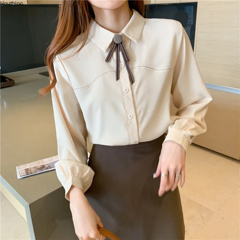 

Женская шифоновая блузка-поло с длинным рукавом, свободного покроя