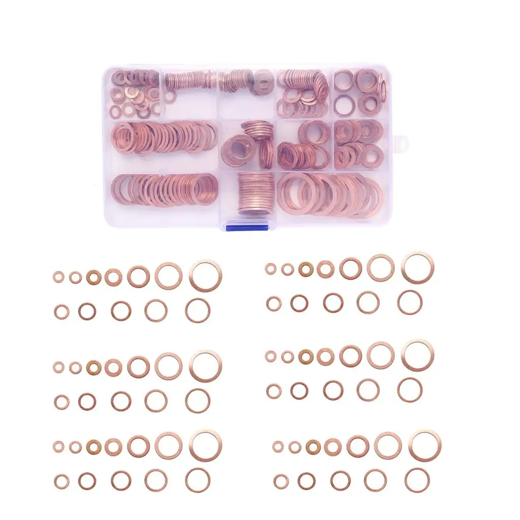 

280PCS Copper Washer Gasket Nut and Bolt Set Flat Ring Seal Assortment Kit M5 M6 M8 M10 M12 M14 M16 for Sump Plugs Wate