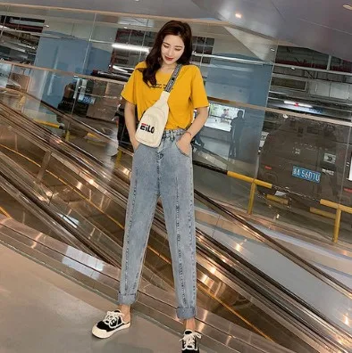 

Loose Jeans Woman Elasticity High Waist Jeans Woman Plus Size Blue New Boyfriend Denim Ankle Length Harem Pants Plus Size