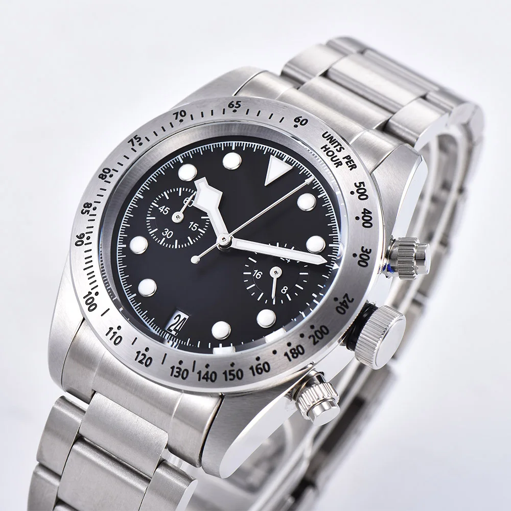 Watch Japan VK64 quartz battery movement 41mm men's mineral glass luminous hand steel bracelet case chronograph D3102 | Наручные часы