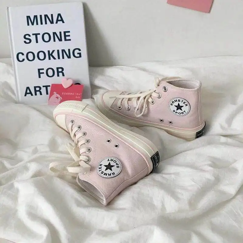 

Hight-top Canvas Shoes Chic Women's 2020 New Style White Shoes Spring Korean-style Girls Heart Sneakers 35-40 High Low Lace Up