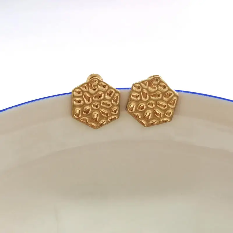 Hammered Geometric Metallic Button Studs Earrings for Women Hexagon | Украшения и аксессуары