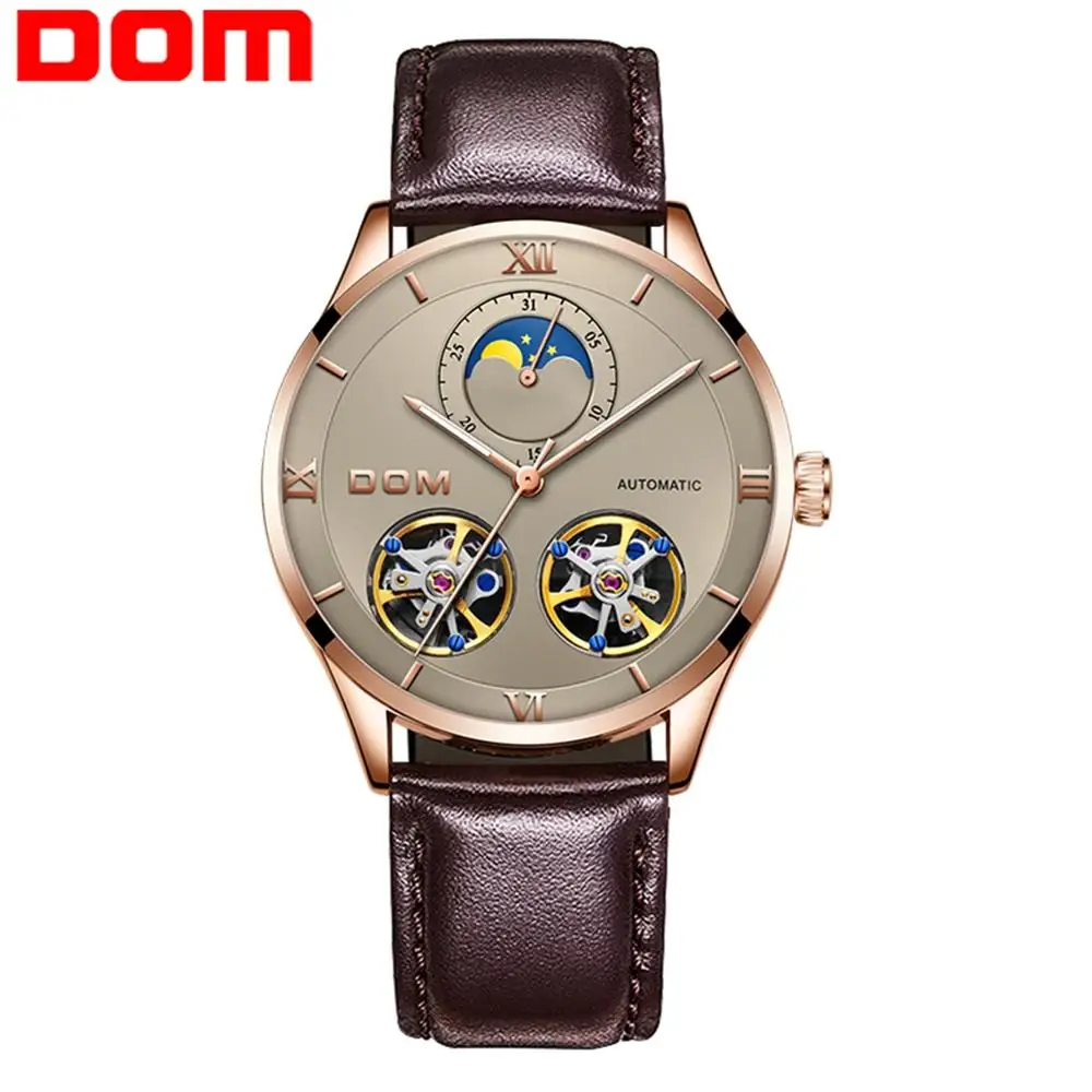 Бренд DOM мужские часы Moon phase коричневые натуральная кожа Мужские автоматические
