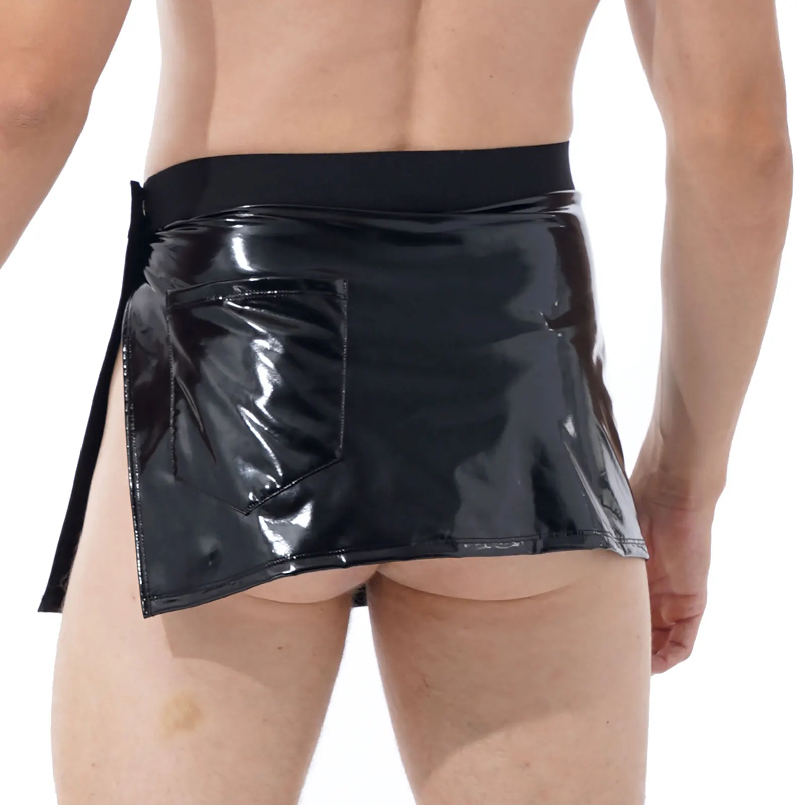 

Patent Leather Men Exotic Show Pole Dancing Wet Look Skirt Adjustable Elastic Waistband Side Split Miniskirt Nightclub Stage