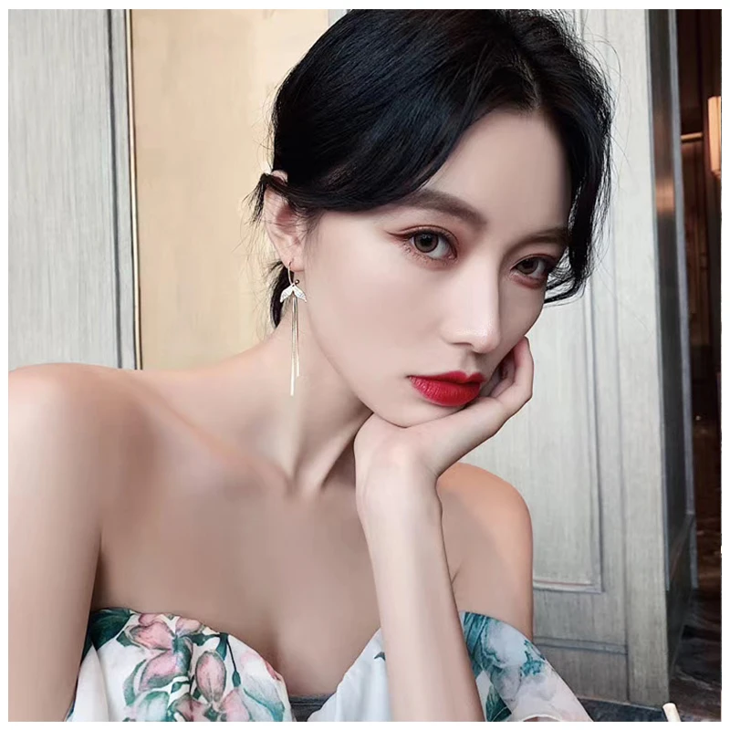 S925 silver needle simple temperament micro inlaid with fish tail long tassel earrings | Украшения и аксессуары