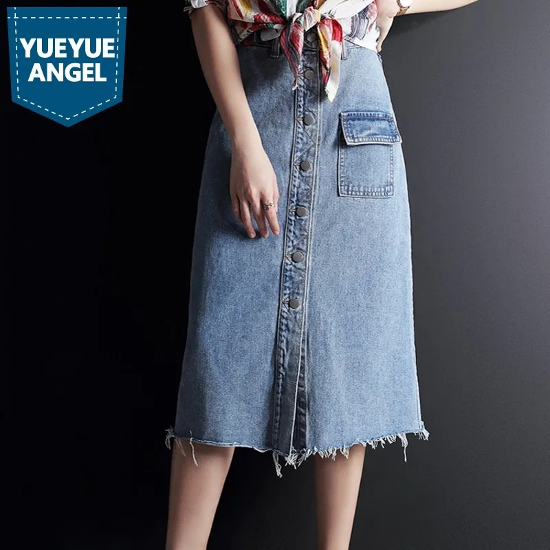 Юбка женская джинсовая с высокой талией однобортная облегающая трапециевидная