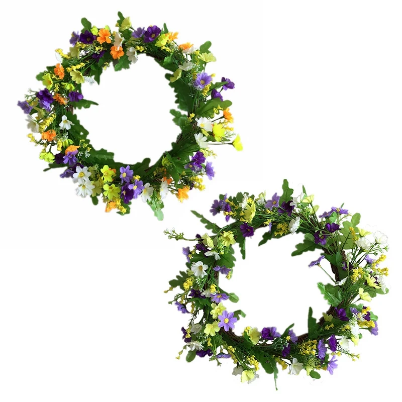 

16 Inch Artificial Daisy Flower Door Wreath With Springtime Faux Wildflowers And Berris Front Door Wreath Decor-ABUX