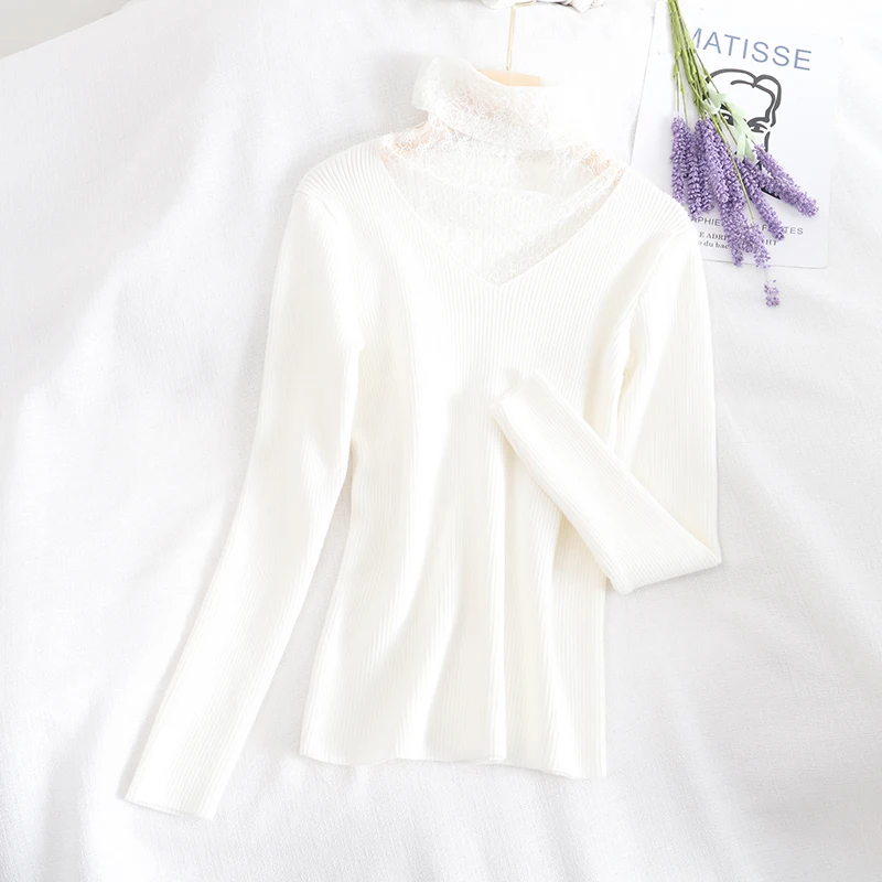 Шикарные женские свитера с кружевным воротником облегающие Женские трикотажные