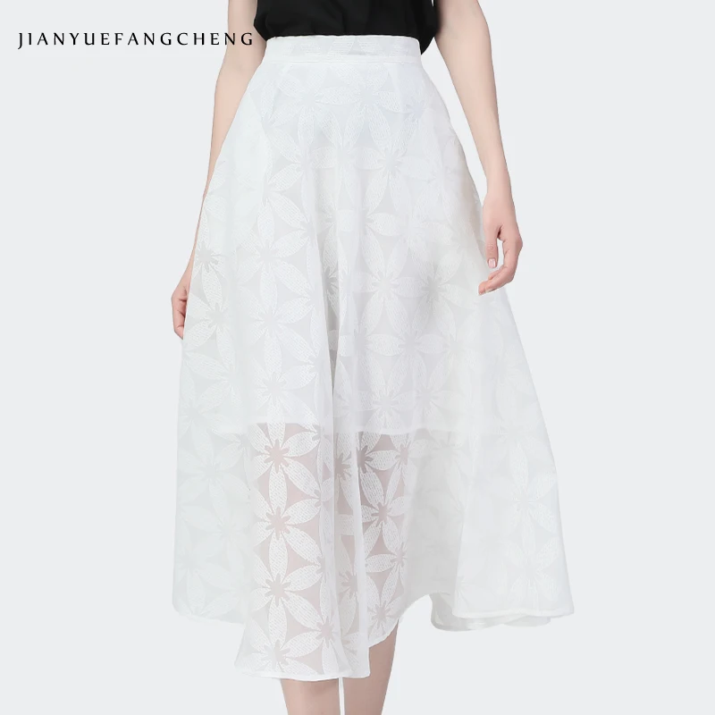 

Spring Summer New White Skirt Women Slim High Waist Long Chiffon Skirts Fashion Elegant Office Ladies A-line Pleated Skirts
