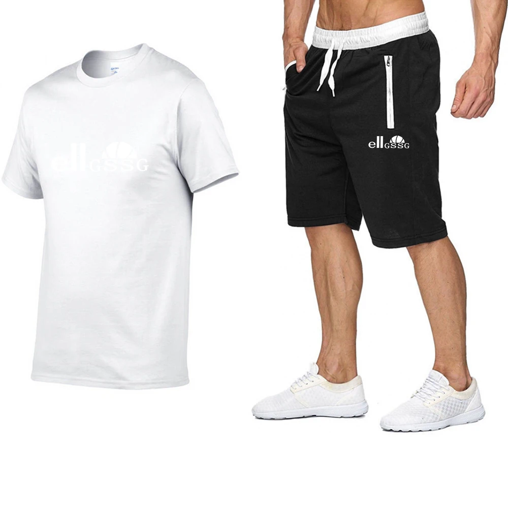 

Summer men's casual sports suit two-piece breathable bottoming T-shirt solid color printing tether zipper pocket shorts men's