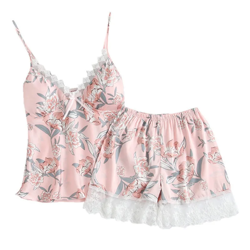

Satin Lace Patchwork Women Pajamas Sets Flower Print Sleepwear Sleeveless Sexy Pijama Summer Lingerie Nightwear Sling Homewear