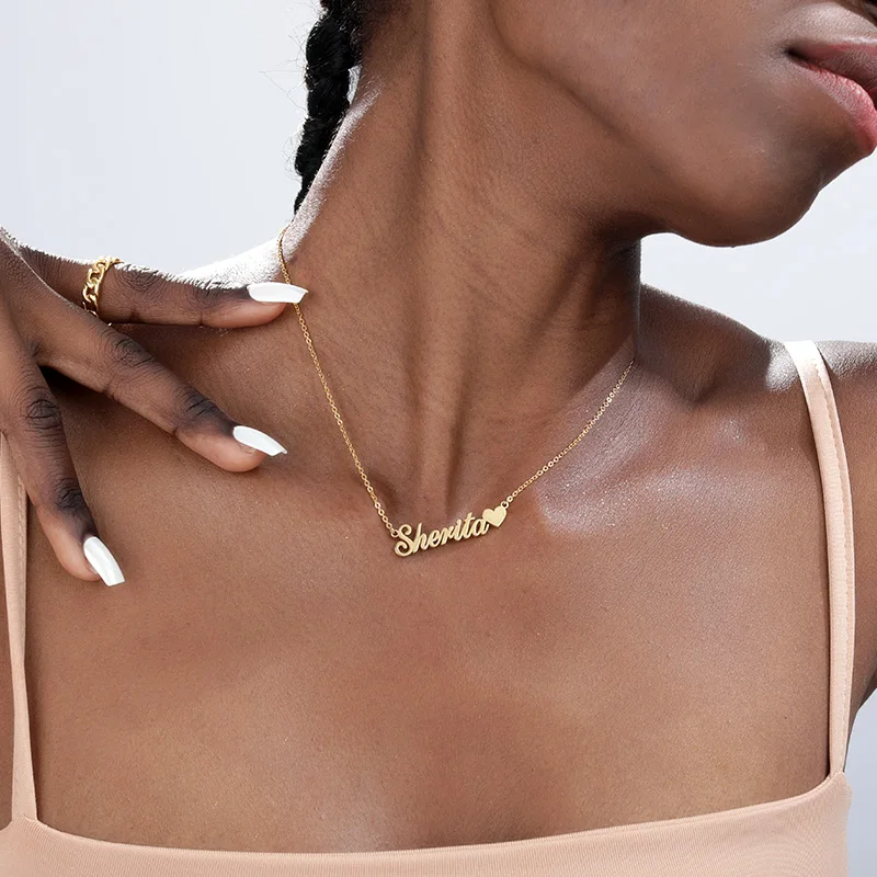 Custom Name Necklace With Heart Gold Color Chain Stainless Steel Handmade Customized Personalized Gift For Her | Украшения и