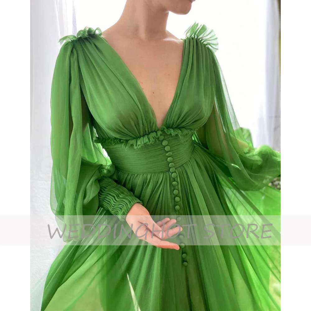 

Green Tulle Evening Dress Long 2021 Button Long Sleeves Sexy Side Slit Prom Gown A-Line Deep V-Neck Eleglant Vestidos De Fiesta