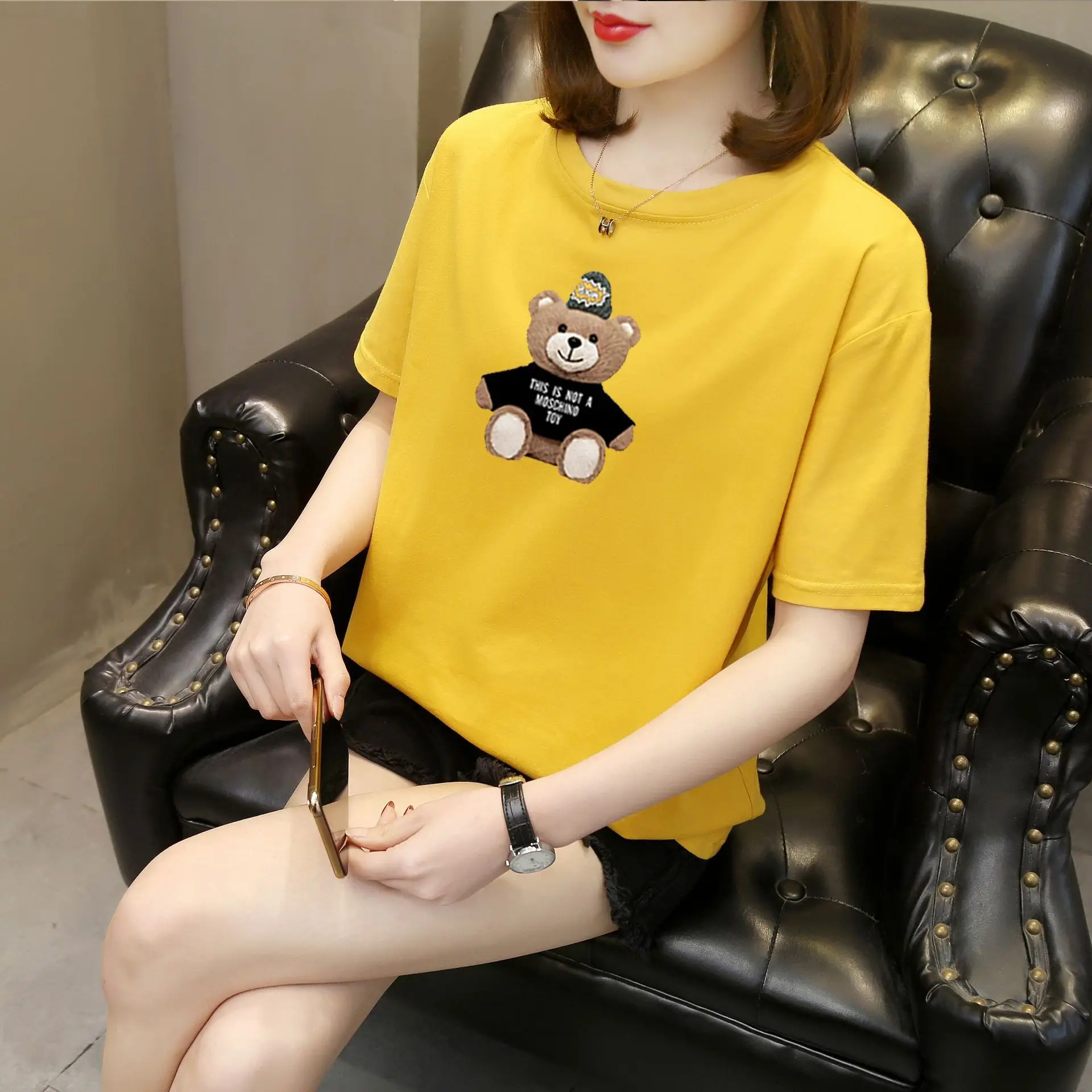 

Pure Cotton 2021 New Summer 5xl Large Size Loose Cute O-neck Women's Bear Pattern Short-sleeved T-shirt Casual Ladies Top