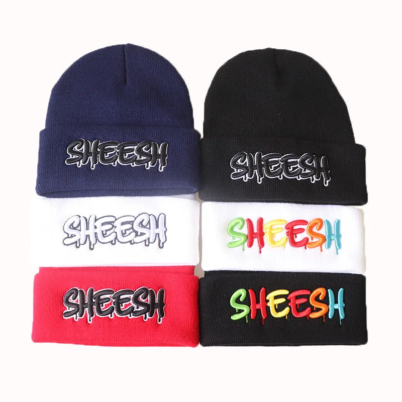 

SHEESH Letter Embroidered Beanies Hat Women Men Couples Winter Skullies Beanies Cap Streetwear HipHop Wool Knitted Bonnet Hats