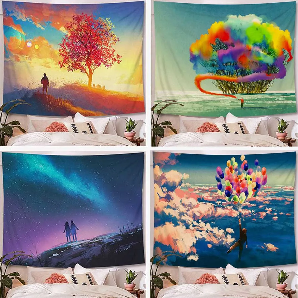 

Sun Sea Tree Tapestry Wall Hanging Psychedelic Landscape Beach Yoga Mat Home Background Cloth Bedroom Blanket Mural Carpet Decor