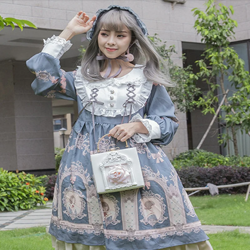 

Gothic japanese sweet lolita dress vintage lace bandage printing high waist victorian dress kawaii girl gothic lolita op cosplay