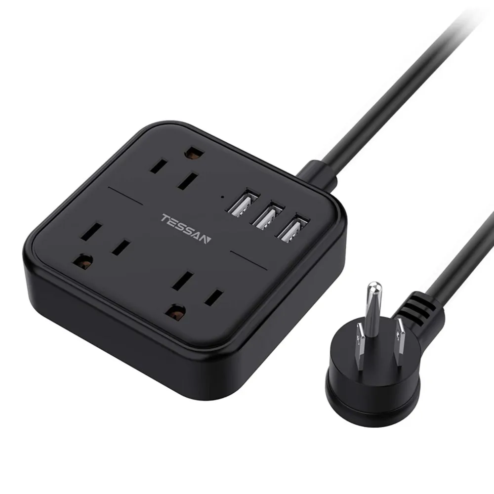 

TESSAN US Plug Power Strip with 3 US Outlets 3 USB Ports Flat Plug 1.5M/5ft Extension Cord Multiple Sockets Overload Protection