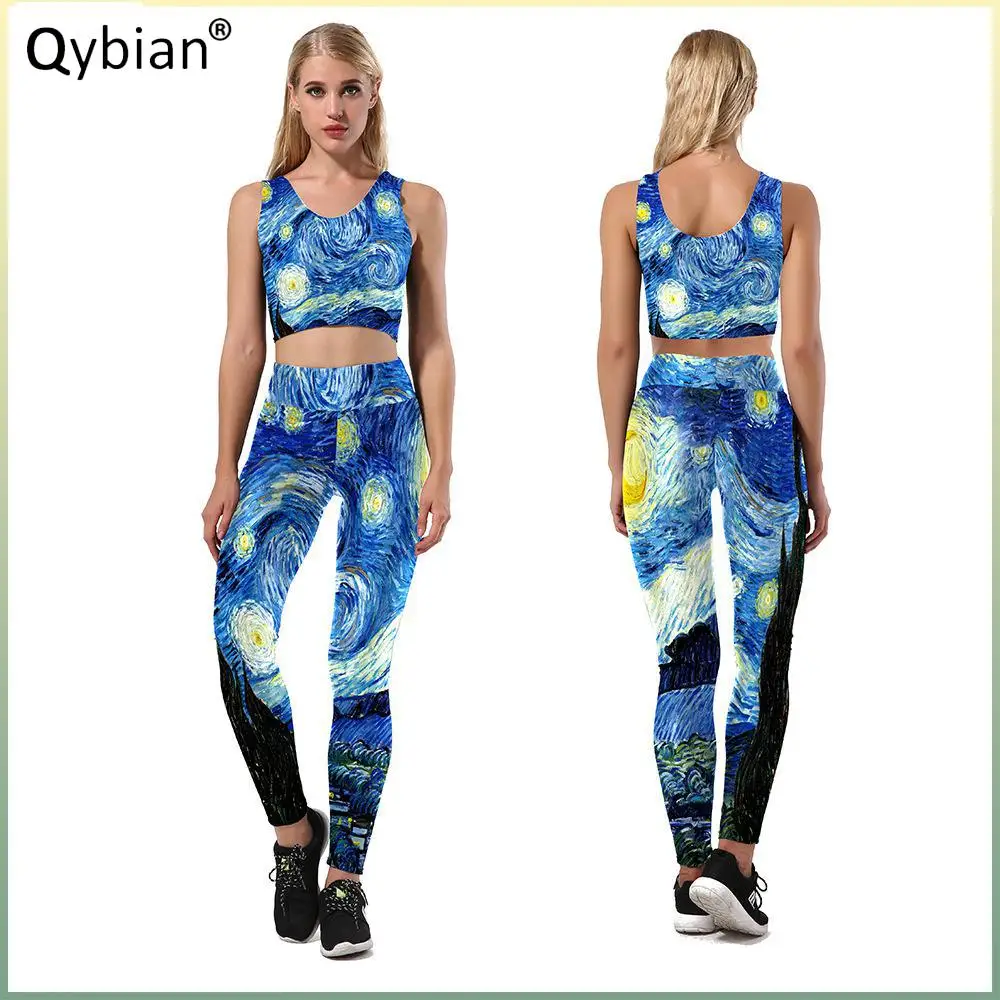 

Van Gogh Art Painting Printed Pattern Fitness Two Piece Set Ladies Vest Tank Top + High Stretch Fashion Trousers
