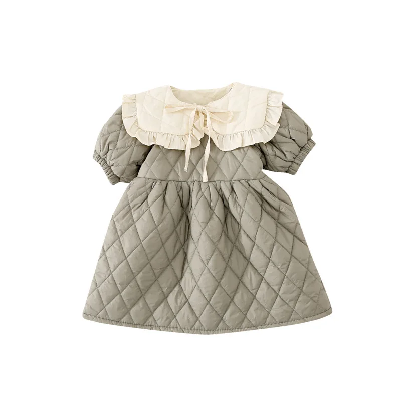 Girls Quilted Dress Autumn and Winter Clothes Solid Color New Children Doll Collar Padded Cotton Short Sleeve Princess Dresses | Детская