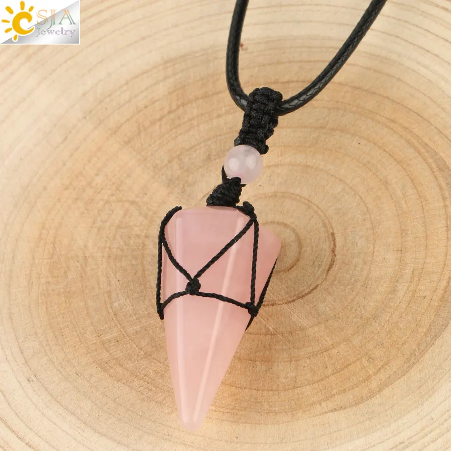 Rose Quartz Csja натуральный каменный конус Подвески Кристалл кварц Черная веревка обернутая лечение мужские т камни ожерелье для мужчин женские модные ювелирные изделия G173 - Окраска металла: Rose Quartz
