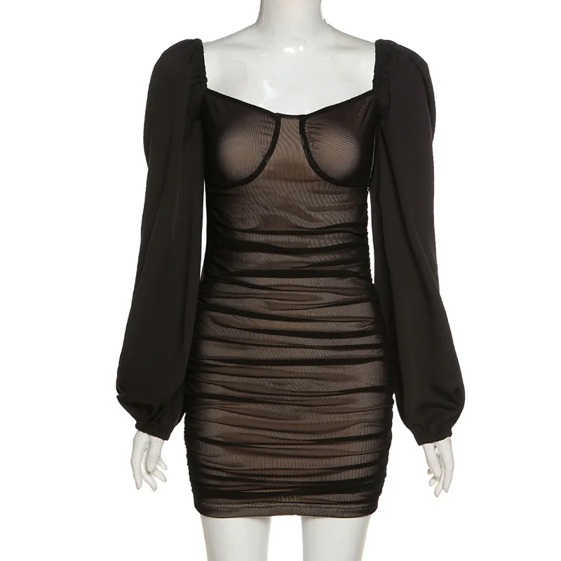 

Adogirl Ruched Mesh Bodycon Mini Dress Women Square Collar Low Cut Lantern Sleeve Night Clubwear Sexy Female Clothing Outfits