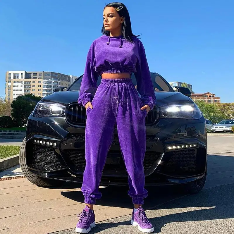 ZITY 2 Two Piece Set Pink Fleece Crop Top Hoodies Sweat Pants Women Matching Sets Activewear Winte Clothing Outfit |