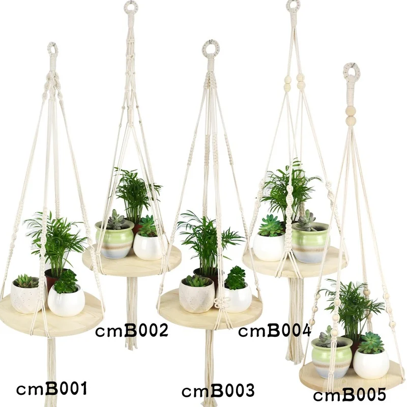 

Flower Pot Woven Hanging Basket Wood Net Bag Cotton Rope Wood Ring Type Plant Fresh Gardening Decoration