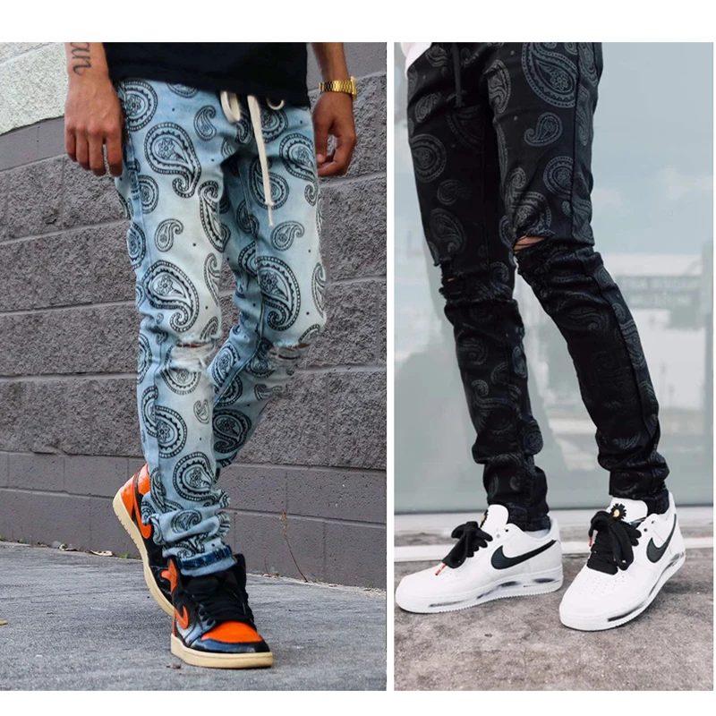 Black Ripped Jeans Men Fashion Luxury Paisley Pattern Printing Mens jeans pants slim fit stretch Denim Trousers Man casual pants