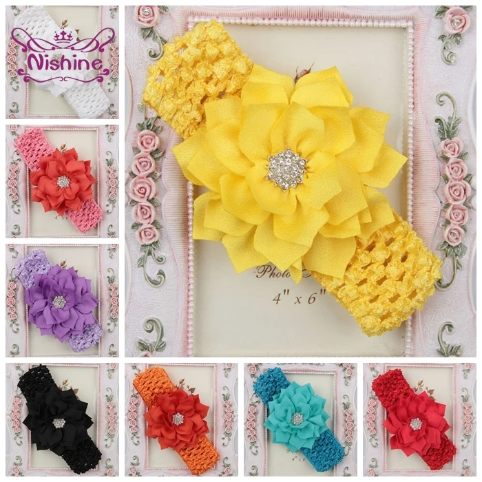 

Nishine 8 CM Solid Color Handmade Lotus Flower Headband with Rhinestone Newborn Crochet Elsatic Hairband Baby Girls Accessories