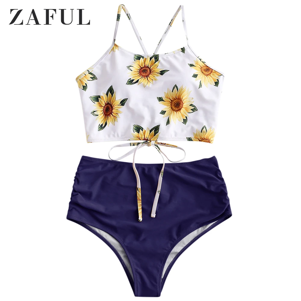 ZAFUL, бикини, с рюшами, Подсолнух, с накладным слоем, танкини, набор, с вырезами, на тонких бретелях, купальник для женщин, сексуальный купальник, пуш-ап, бикини для женщин - Цвет: Lapis Blue