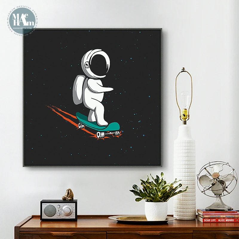Cartoon rocket Astronauts Nursery Wall Picture Poster Print Boy bedroom Modern Canvas Painting Kids Children Wall Art Mural