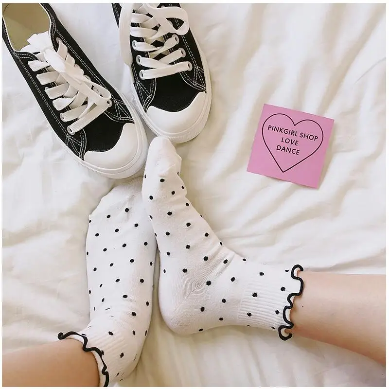 Women Solid Cotton Dots Hearts Striped Crew Socks Girls Lace Ruffles Short Socks Ankle Socks Autumn Winter Socks 8 Pairs/lot