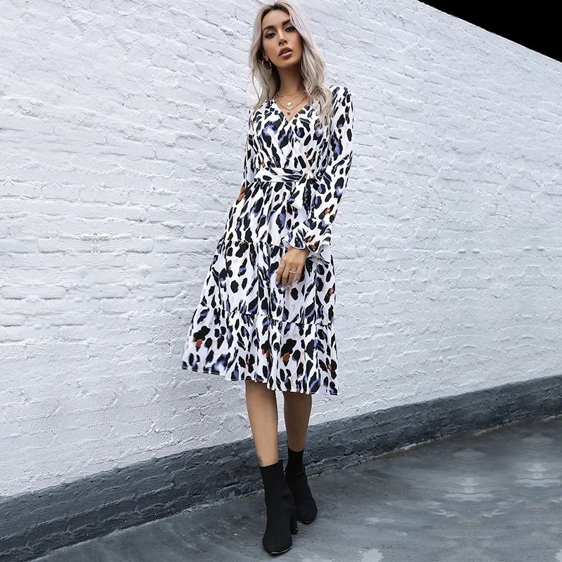 

Flare Sleeve Leopard Print Bandage Ruffle V Neck Dress Women Casual Loose Temperament Elegant Streetwear Office Lady Dresses